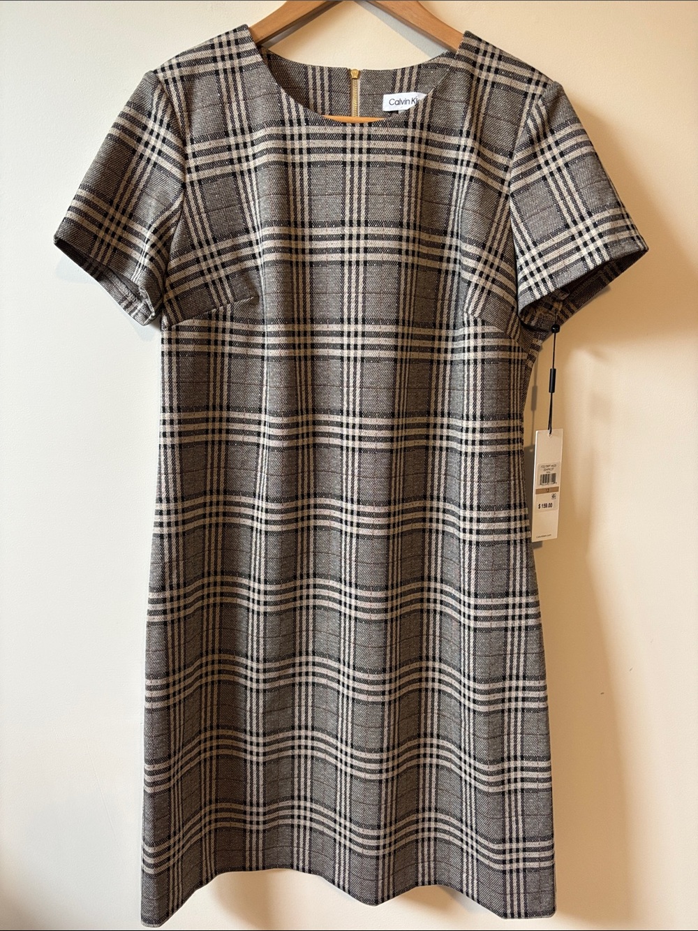 Calvin Klein Black and Gray Plaid Short Sleeve Shift Dress - NWT
